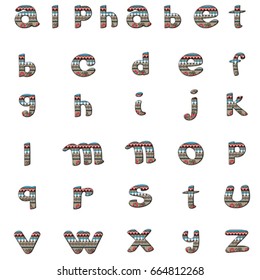 Decorated original font, pixel art model inspired by a Balkan motif over funny fat small letters isolated on white, full alphabet series