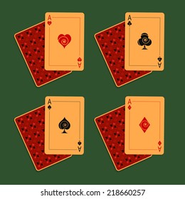 Decorated original playing cards aces. Four suits, including spades, hearts, clubs and diamonds. One card is open, other is closed. Isolated on green background. Vector illustration, eps 10.