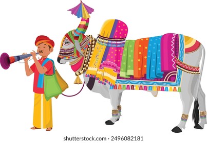 Decorated Ox, Indian folk man with decorated Ox playing musical instrument