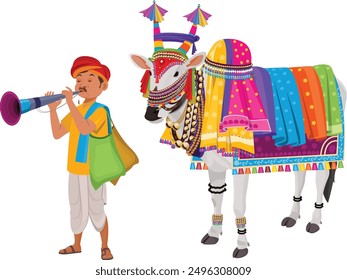 Decorated Ox, Indian decorated Ox and folk man with playing musical instrument