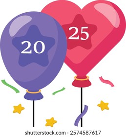 Decorated Paid of Balloon Twenty Twenty Five concept, ceremonial balloons releasing into sky vector icon design 2025 welcome sign, festive holiday season symbol new year party decor stock illustration