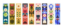 Decorated Paper Bookmarks With Nature Set. Page Tags With Modern Floral Print, Botanical Pattern. Abstract Flower, Stylized Leaves, Colored Plants For Book Mark Design. Flat Vector Illustrations