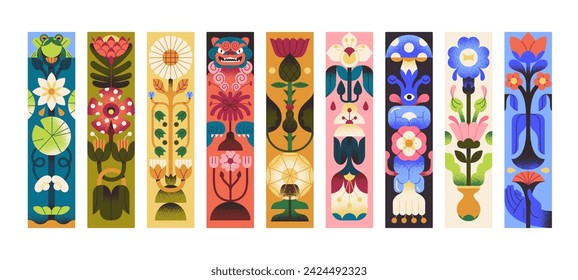 Decorated paper bookmarks with nature set. Page tags with modern floral print, botanical pattern. Abstract flower, stylized leaves, colored plants for book mark design. Flat vector illustrations