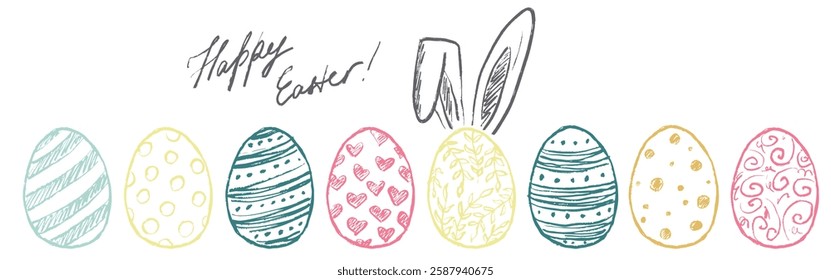 Decorated pastel Easter eggs drawing brush stroke texture isolated on white background. Hand drawn vector sketch illustration in vintage charcoal ink. Easter decoration, holiday symbol