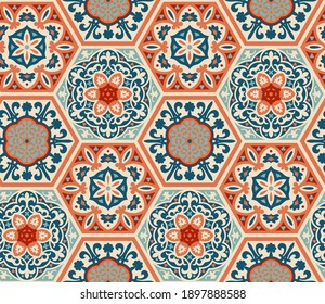 Decorated patterned hexagon cement ceramic tiles, seamless vector pattern, patchwork style. Portuguese azulejo, talavera, moroccan tiles