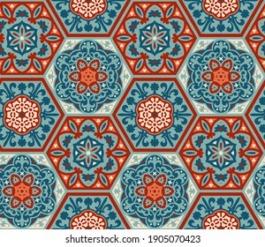 Decorated patterned hexagon cement ceramic tiles, seamless vector pattern, patchwork style. Portuguese azulejo, talavera, moroccan tiles