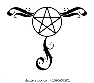 Decorated pentagram icon, magic occult star symbol with flourishes. Vector illustration in black isolated over white.