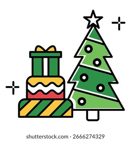 Decorated Pine Tree with Presents Vector Illustration for Christmas Holiday