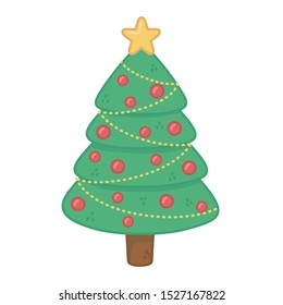 decorated pine tree star balls merry christmas vector illustration