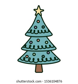 decorated pine tree star balls merry christmas vector illustration