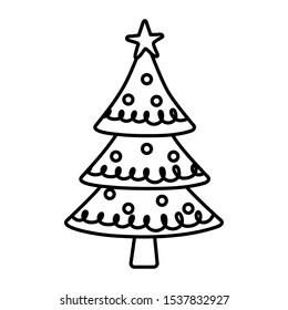 decorated pine tree star balls merry christmas vector illustration thick line