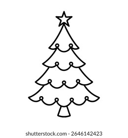 a decorated pine tree with star garlands only line art