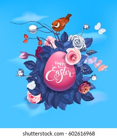 Decorated pink Easter egg with beautiful hand lettering against bouquet of wild roses, cute small bird and blue spring sky on background. Vector illustration for celebration banner, greeting card