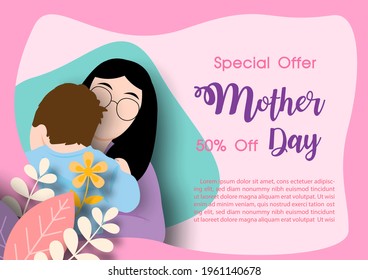 Decorated plants in paper cut style on mother holding a baby child sleeping with Mother's day sale wording and example texts on abstract shape and pink background.