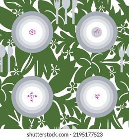 Decorated plates and silverware on a green flowers background. Wedding, event, celebration, invite, setting seamless pattern. Plates, fork, spoon, knife, flowers and leaves vector illustration.