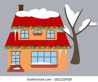 Casa privada decorada en estilo plano. Edificio exterior en temporada de vacaciones.