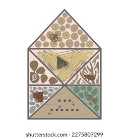 Decorated, protected wood house with compartments and natural components for insects. Insects hotel for ladybug, butterfly, bug. Flat Vector illustration.