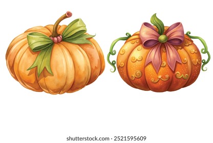  decorated pumpkin with bow on white background, vector illustration