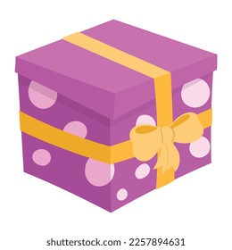 Caja de regalo morada decorada con un arco. Ilustración de dibujos animados aislados por vectores.