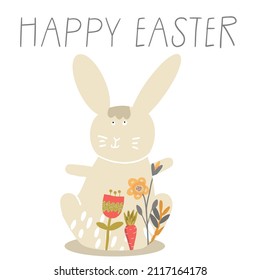 Decorated rabbit, hare, abstract flowers, carrot, inscription Happy Easter, boho palette