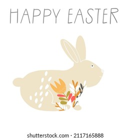 Decorated rabbit, hare, bunny abstract flowers, carrot, inscription Happy Easter, boho palette