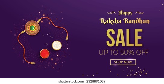 Decorated rakhi for Indian festival of brother and sister bonding celebration ( Raksha Bandhan ) Sale Template Design with nice illustration in a creative background vector, banner