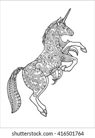 Decorated rearing  unicorn,  floral pattern, zentangle page for adult colouring book