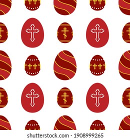 Decorated red eggs with crosses vector seamless pattern background for Orthodox Easter Day, Resurrection Sunday.