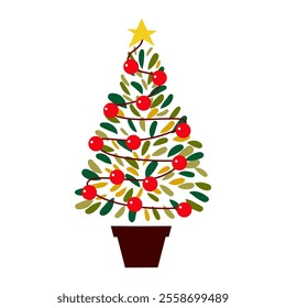 decorated with red ornaments Christmas tree isolated on white background. Vector illustration 