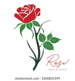 Decorated red rose silhouette with green leaves. Flower icon illustration