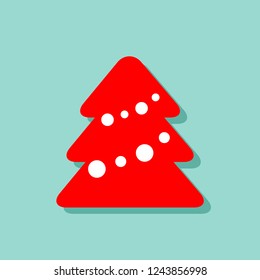 Decorated red and white christmas tree icon at blue background. Vector image with shadows. New years cartoon picture in flat style. Card design.