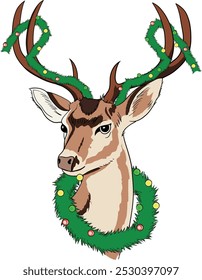 Decorated reindeer head face wearing a Christmas wreath. Art and Illustration