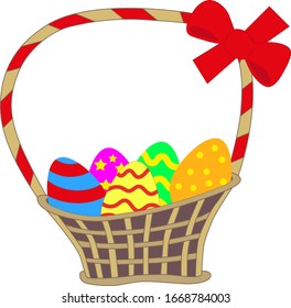 Decorated with a ribbon Easter basket with colored eggs.
