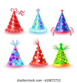 Decorated with ribbons and pompons party hats set. Stripped, spotted and ornamented paper caps for festive costumes isolated illustrations. Birthday or New Year party dressing element vector icons