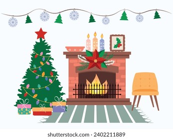 Decorated room for Christmas with garland, fir tree, chair and fireplace with Christmas lit candles on it. Vector illustration of a decorated living room.