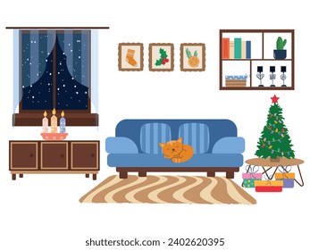 Decorated room for Christmas with a Christmas tree standing on the table, a sofa with a sleeping cat and a snow-covered window, a nightstand with Christmas candles. Vector illustration of a decorated