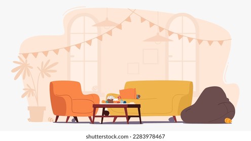 Decorated Room With Easter-themed Decor, Including a Garland, Colorful Eggs, And Freshly Baked Cakes on Table Perfect For Easter Celebrations With Family And Friends. Cartoon Vector Illustration