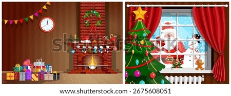 Decorated room with fireplace and gift boxes. Santa Claus and snowman looking through window with Christmas tree. Happy Christmas and New Year concept for greeting card.