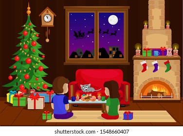 Decorated room for the new year and Christmas, with people waiting for the holiday. Vector illustration on a holiday theme with a fireplace and a Christmas tree.