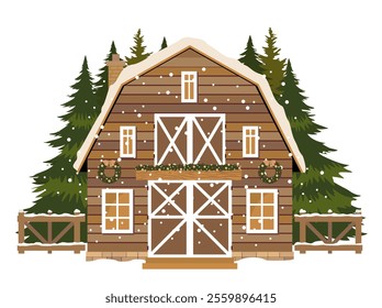 Decorated rural vintage house with Christmas trees and snowfall. A winter rural scene with a cottage and a fir forest. A scene with a barn decorated for Christmas.  Illustrated vector clipart.