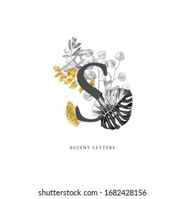 Decorated S letter with hand drawn tropical leaves and golden elements. Vector illustration