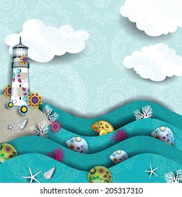 Decorated seascape with lighthouse and cliff-transparency blending effects and gradient mesh-EPS 10.