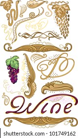 Decorated set for wine label with grapes isolated on white background