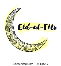  decorated shiny crescent Moon with  text Eid-al-Fitr. Eid Mubarak background for Muslim Community Festival celebration.