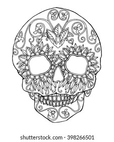 Decorated skull for day of the dead  with flowers design, zentangle page for adult colouring book