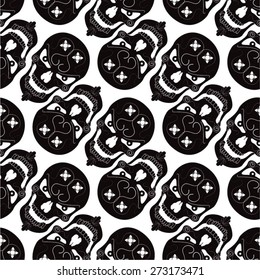 Decorated with a skull in a diagonal pattern, seamless vector background.