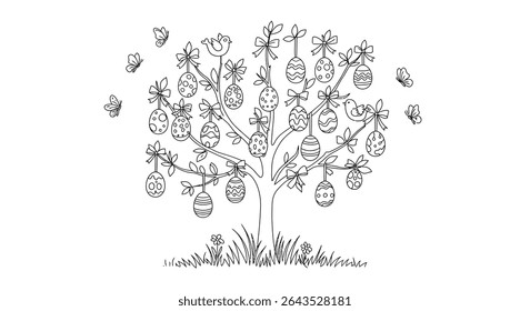 Decorated Small Tree Line Art for Easter with Hanging Patterned Eggs and Flowing Ribbons Outline Sketch