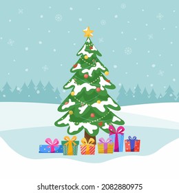 Decorated snow covered christmas tree with gift boxes, star and garlands, and decoration balls. Congratulation card template for Christmas and New Year. Vector flat illustration