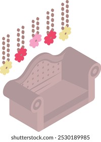 Decorated Sofa Couch for Newly Wedded Couple isometric concept, Sitting Chair vector icon design, Muslim marriage Symbol, Islamic wedding customs Sign, Indian subcontinent matrimony illustration