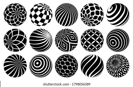 Decorated spheres vector illustrations set, abstract beautiful balls with patterns, 3D globes design concept collection, single color black and white useful for logos.